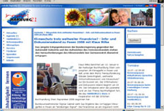 Screenshot des Harburger Nachhaltigkeitsportals (2007-2011). Hier: Lesung mit Klaus Milke zum Thema Klimawandel in der Buchhandlung Stein im Januar 2009.