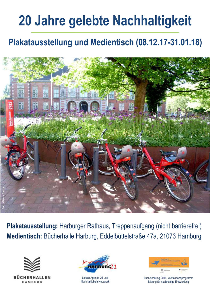 Plakat zur Ausstellung 20 Jahre Gelebte Nachhaltigkeit in Harburg im Harburger Rathaus und in der Bücherhalle Harburg (Foto Gisela Baudy)
